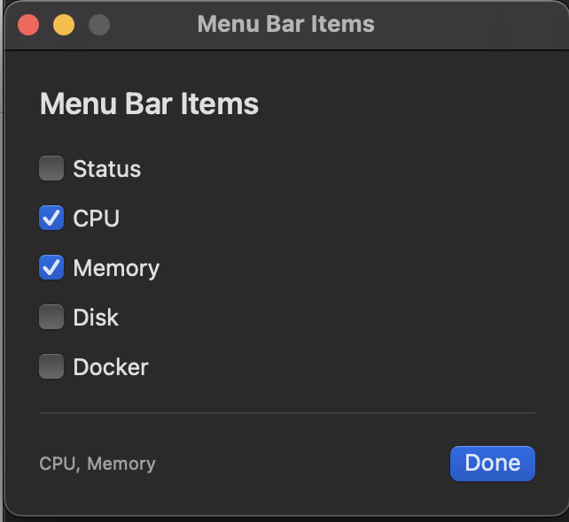 ServerCheck menu bar item customization window